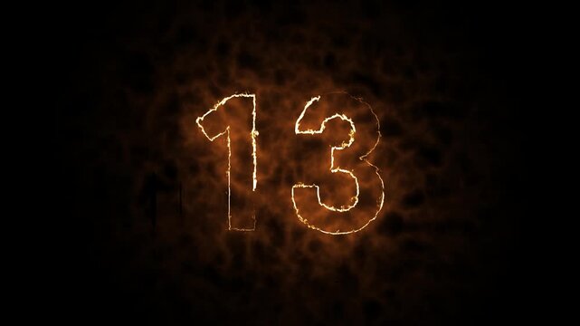 Text fire number count animation, Single Number made of Fire, Glowing neon 13 letter video motion design, black background & 4k video