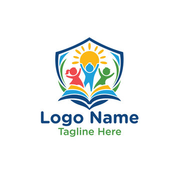 Title: Colorful Kindergarten School Logo with Shield, Open Book and Child Learning Symbol