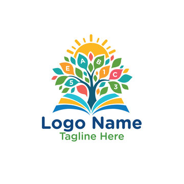 Title: Colorful Preschool Education Logo with Alphabet, Book and Growing Tree Learning Symbol