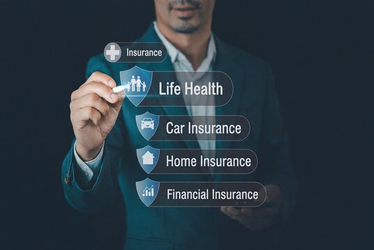Life health insurance digital interface with businessman, car and home insurance protection, financial security and coverage.