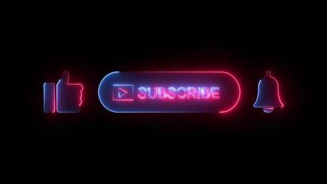 Red and blue neon subscribe button like thumb and bell set on dark background glowing animation.