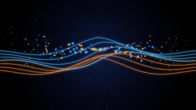 Abstract digital background with flowing neon blue and orange wave lines and floating geometric particles, technology concept, data stream visualization, 3d render