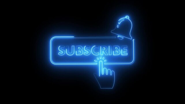 Blue neon subscribe button with notification bell icon and clicking hand cursor on dark background animation.