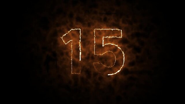 Text fire number count animation, Single Number made of Fire, Glowing neon 15 letter video motion design, black background & 4k video