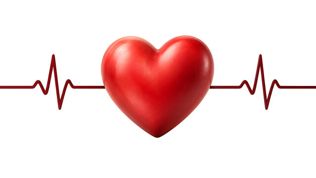 Red 3d heart with medical cardiogram pulse line isolated on transparent background