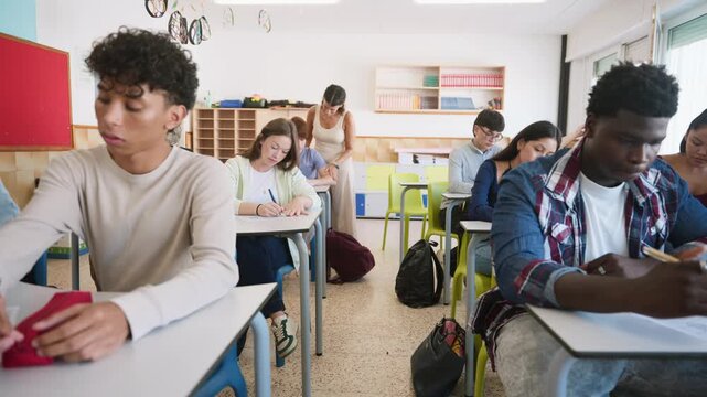 Teacher walking among students during exam in high school classroom