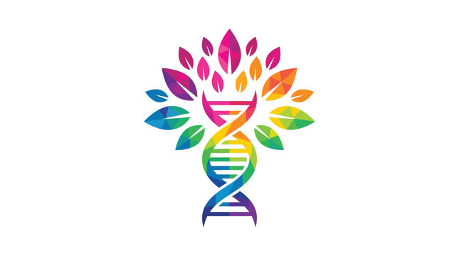 Vibrant rainbow dna strand combining with tree leaves forming a colorful medical science logo illustration