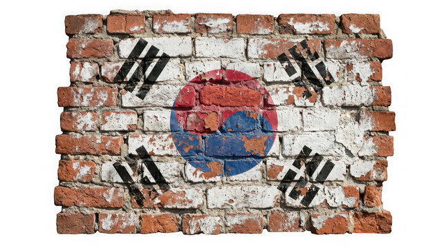South korean flag painted on a weathered brick wall texture isolated on transparent background