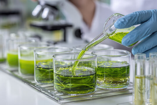 algae research in laboratories, biotechnology science concept 