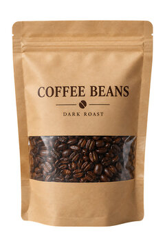Kraft paper pouch packaging mockup filled with dark roast coffee beans isolated on transparent background