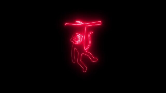 Neon red monkey hanging from branch animation on black background, glowing animal silhouette