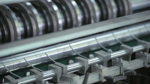 Closeup rotating steel rollers slitting machine. Food factory production line.