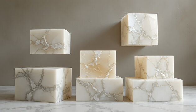 Floating marble cube podiums for luxury product display and