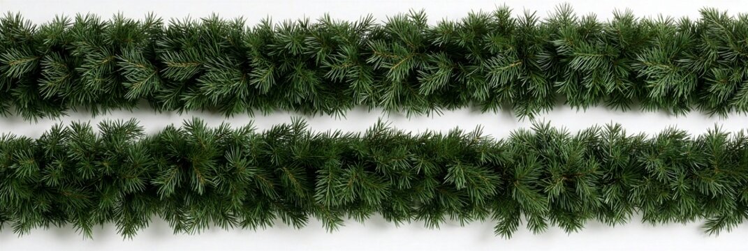 Two horizontal rows of evergreen garland with white background