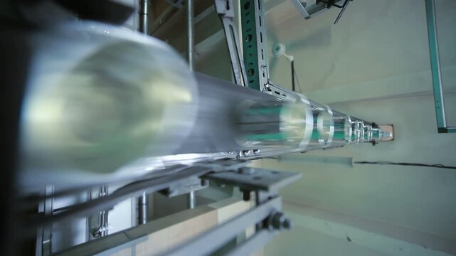 Glass bottles moving conveyor line. Dairy factory bottling production equipment.