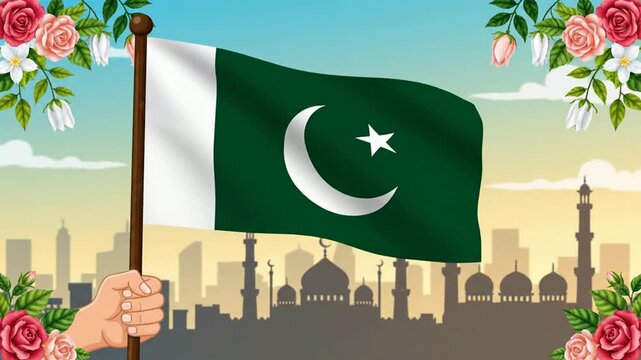 Animated pakistani flag waving in hand against mosque skyline with floral frame for national independence day celebration
