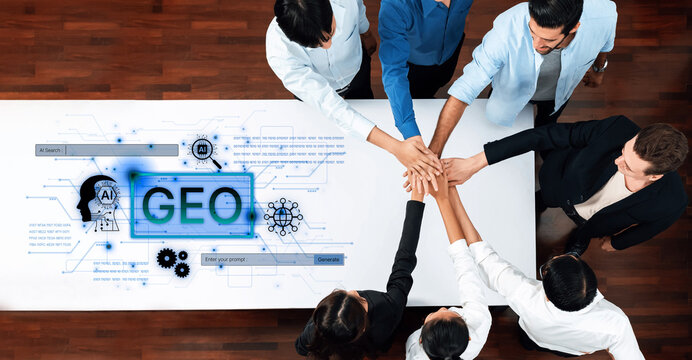 Digital marketing concept featuring GEO strategy. Generative AI search visual shows GEO interface integrating intelligence, logic, and AI input system for prompt tasks. Corpus
