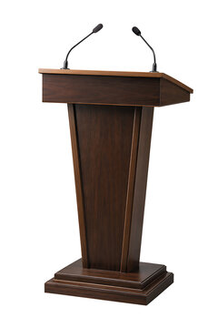 Wooden speaker podium rostrum with microphones isolated on transparent background