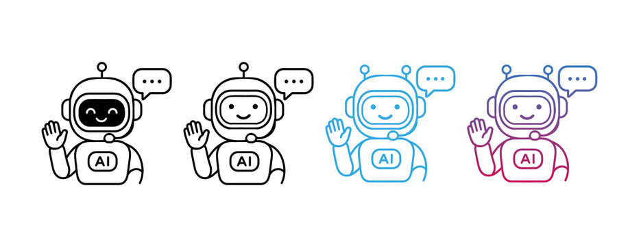 Waving robot assistant icon in colorful line art style for smart service applications.