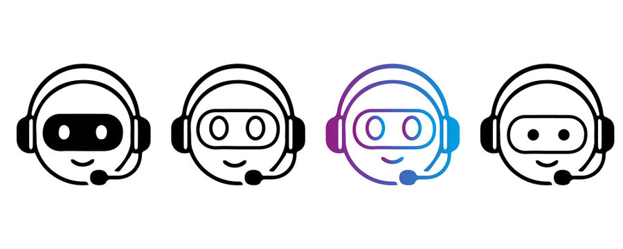 Customer support bot head wearing headset icon in outline and gradient design styles.