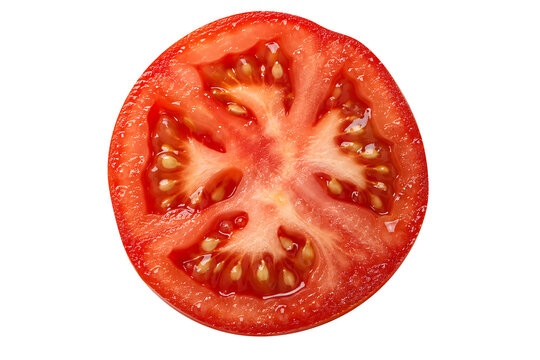 Fresh juicy red tomato slice showing detailed seeds and pulp isolated on transparent background