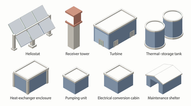 Solar Thermal Power Plant Components Diagram with Labeled Equipment