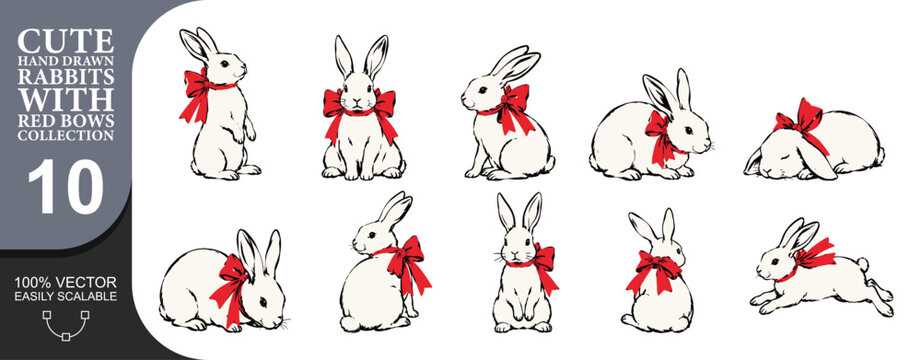 Adorable hand drawn white rabbit collection with red bows contains ten detailed handdrawn bunny illustrations in dynamic poses for easter cards and nursery decor.