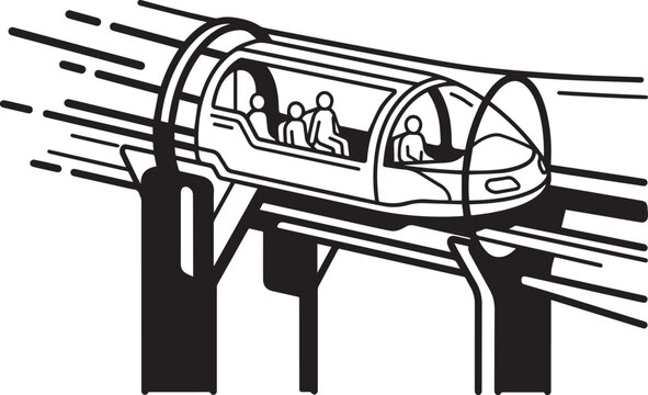 Monorail train moving on elevated track, futuristic public transportation concept science fiction day