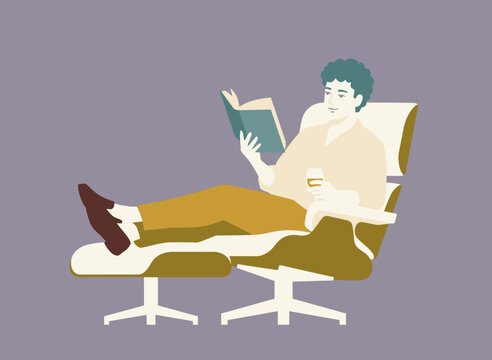 Relaxed man reading book on lounge chair in flat vektor style illustration