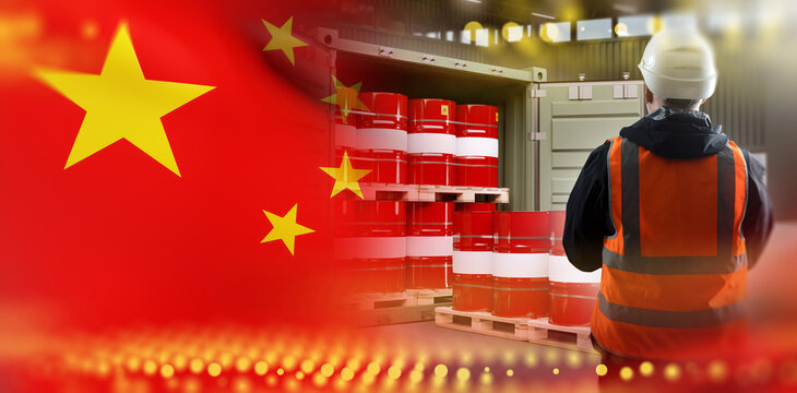 Oil logistics, worker inspects barrels loaded into a shipping container for fuel export, industrial transport, storage and international trade with China.