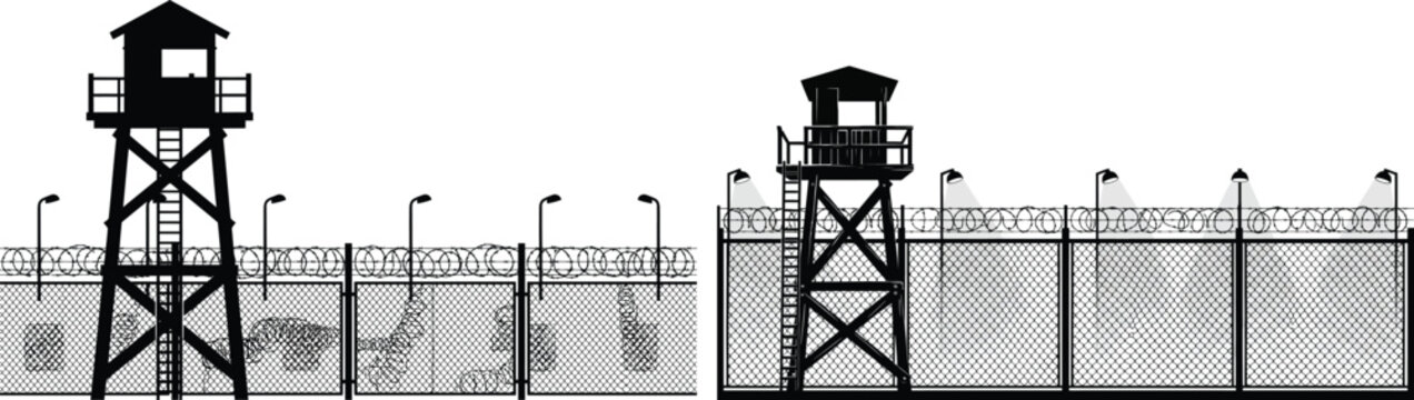 Guard tower silhouette with barbed wire fence and floodlights on white background security barbedwire watchtower