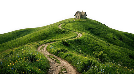 Fototapeta premium Small stone house on top of a grassy hill with a winding path isolated on transparent background