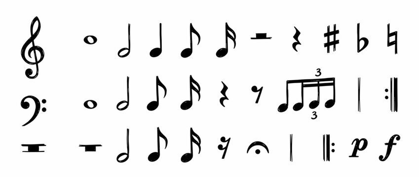 Musical notes and symbols on transparent background. Traditional sheet music icons and notation elements. Treble clef, bass clef, quarter notes, eighth notes, half notes, whole notes, sharps, flats,.