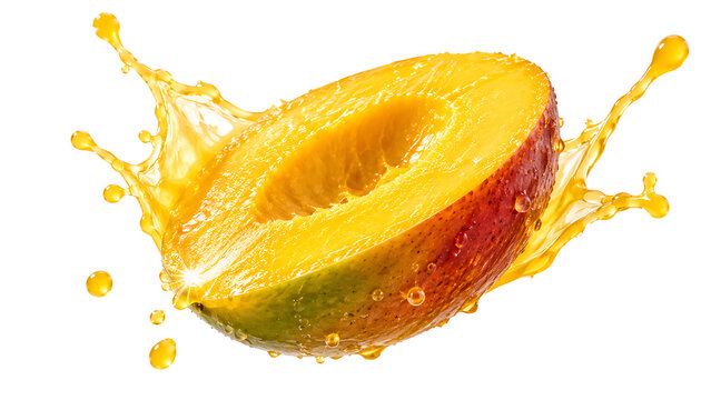 Fresh juicy mango half with splash of juice isolated on transparent background