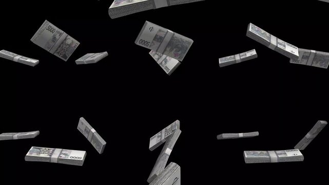 Czech Republic Money, Czech Koruna Banknotes Falling On Black Background, CZK Currency Stacks Dark Cinematic, 4K