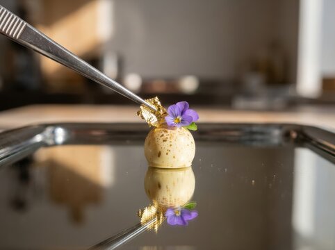 Elegant petit four dessert plating with gold leaf