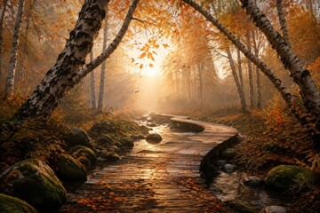 Obraz premium Sunlit winding boardwalk through a golden autumn birch forest