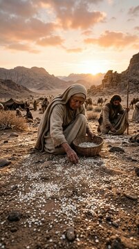 Divine desert provision: Manna collect, Israelite journey, miraculous food, God send, holy sustenance, Exodus wander, Egypt depart, Bible account, daily gather, Sabbath observe.