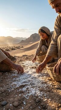 Divine desert sustenance: Manna gather, heavenly provision, Israelite journey, wilderness food, Bible account, God miracle, daily nourishment, sacred flake, ancient exodus, Sinai environment.