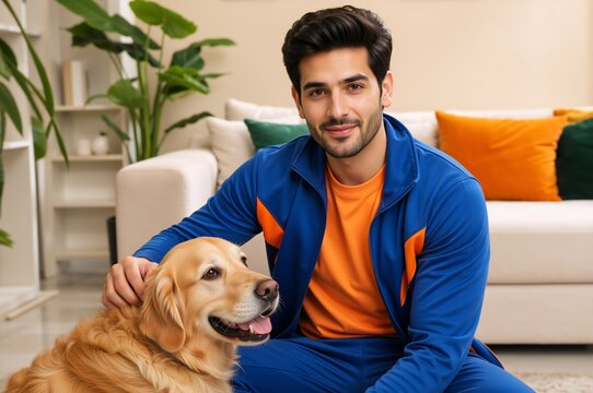 Young man sitting on the floor with golden retriever dog at home. Happy pet owner stroking his dog in living room