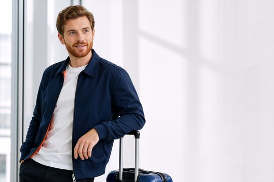 Smiling man with blue suitcase waiting in modern airport terminal. Traveler leaning on luggage with copy space