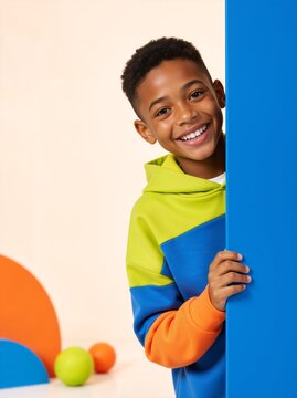 Vertical portrait of a cheerful black boy peeking from behind a blue panel. Happy smiling kid wearing colorful hoodie
