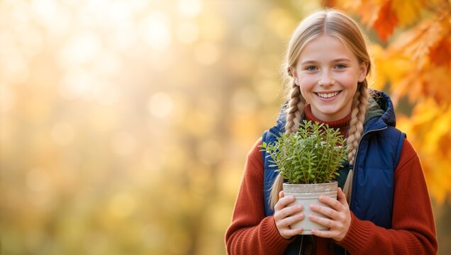 Smiling young girl holding a potted green plant in autumn park. Happy child gardener with potted seedling outdoors