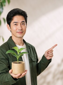 Smiling Asian man holding potted plant and pointing finger. Vertical portrait of male gardener showing copy space