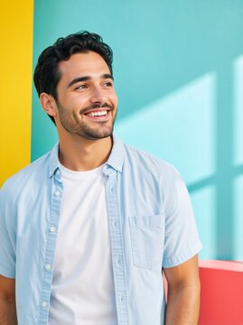 Smiling young man looking away against colorful pastel wall. Vertical portrait of cheerful handsome male model outdoors