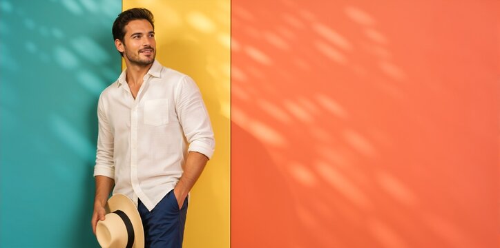 Stylish man in summer outfit holding a hat against colorful wall. Copy space for text