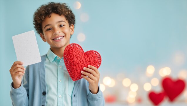 Cheerful boy holding blank card and red craft heart. Valentine day or mother day greeting card concept. Copy space