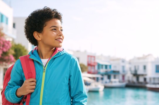 Smiling boy with backpack standing outdoors near harbor. Cheerful young tourist kid traveling on vacation