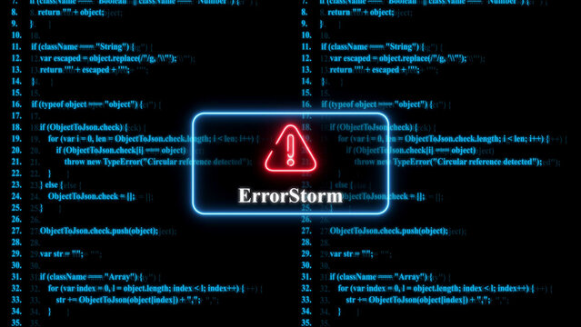 A glowing red warning with the text error storm centered over a dark blue background, filled with lines, of computer programming code