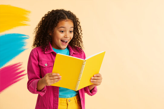 Excited girl reading yellow notebook in studio. Surprised curly haired kid student doing homework or studying
